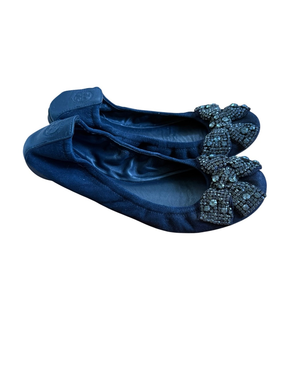 Tory Burch Navy Blue Suede Crystal Bow Eddie Flats